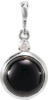 Platinum Oval Natural Black Onyx & Natural Diamond Cabochon Bezel-Set Necklace or Pendant