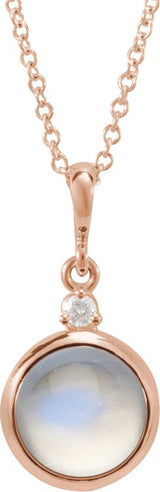 14K Gold Oval Natural Rainbow Moonstone & Natural Diamond Cabochon Bezel-Set Necklace or Pendant - Rose Gold