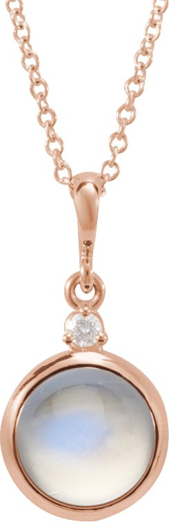 14K Gold Oval Natural Rainbow Moonstone & Natural Diamond Cabochon Bezel-Set Necklace or Pendant - Rose Gold
