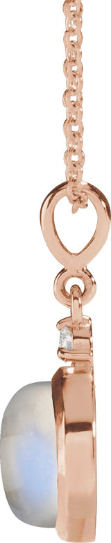 14K Gold Oval Natural Rainbow Moonstone & Natural Diamond Cabochon Bezel-Set Necklace or Pendant - Rose Gold - view 2
