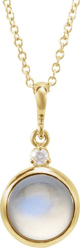 14K Gold Oval Natural Rainbow Moonstone & Natural Diamond Cabochon Bezel-Set Necklace or Pendant - Yellow Gold