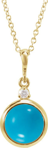 14K Gold Oval Natural Turquoise & Natural Diamond Cabochon Bezel-Set Necklace or Pendant - Yellow Gold