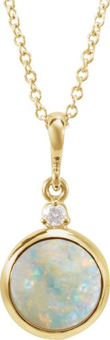 14K Gold Oval Natural White Opal & Natural Diamond Cabochon Bezel-Set Necklace or Pendant – 12x10mm - Yellow Gold
