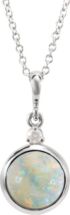 Platinum Oval Natural White Opal & Natural Diamond Cabochon Bezel-Set Necklace or Pendant