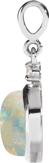 14K Gold Oval Natural White Opal & Natural Diamond Cabochon Bezel-Set Necklace or Pendant – 12x10mm - White Gold - view 2