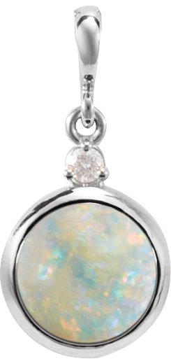 14K Gold Oval Natural White Opal & Natural Diamond Cabochon Bezel-Set Necklace or Pendant – 12x10mm - White Gold