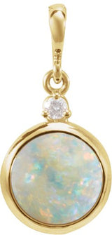 14K Gold Oval Natural White Opal & Natural Diamond Cabochon Bezel-Set Necklace or Pendant – 12x10mm - Yellow Gold