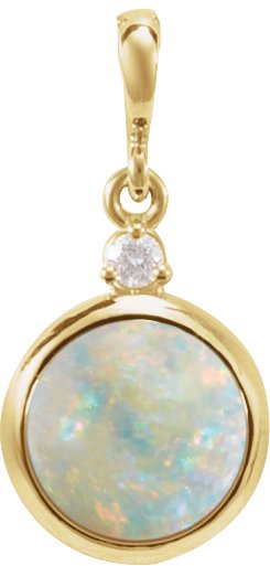 14K Gold Oval Natural White Opal & Natural Diamond Cabochon Bezel-Set Necklace or Pendant – 12x10mm - Yellow Gold