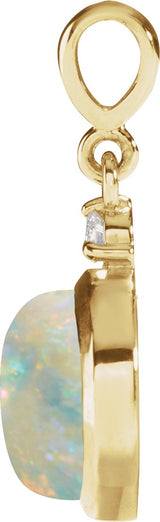 14K Gold Oval Natural White Opal & Natural Diamond Cabochon Bezel-Set Necklace or Pendant – 12x10mm - Yellow Gold - view 2