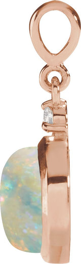 14K Gold Oval Natural White Opal & Natural Diamond Cabochon Bezel-Set Necklace or Pendant – 12x10mm - Rose Gold - view 2