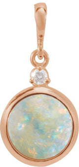 14K Gold Oval Natural White Opal & Natural Diamond Cabochon Bezel-Set Necklace or Pendant – 12x10mm - Rose Gold