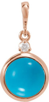14K Gold Oval Natural Turquoise & Natural Diamond Cabochon Bezel-Set Necklace or Pendant - Rose Gold