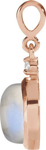 14K Gold Oval Natural Rainbow Moonstone & Natural Diamond Cabochon Bezel-Set Necklace or Pendant - Rose Gold - view 2