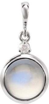 14K Gold Oval Natural Rainbow Moonstone & Natural Diamond Cabochon Bezel-Set Necklace or Pendant - White Gold