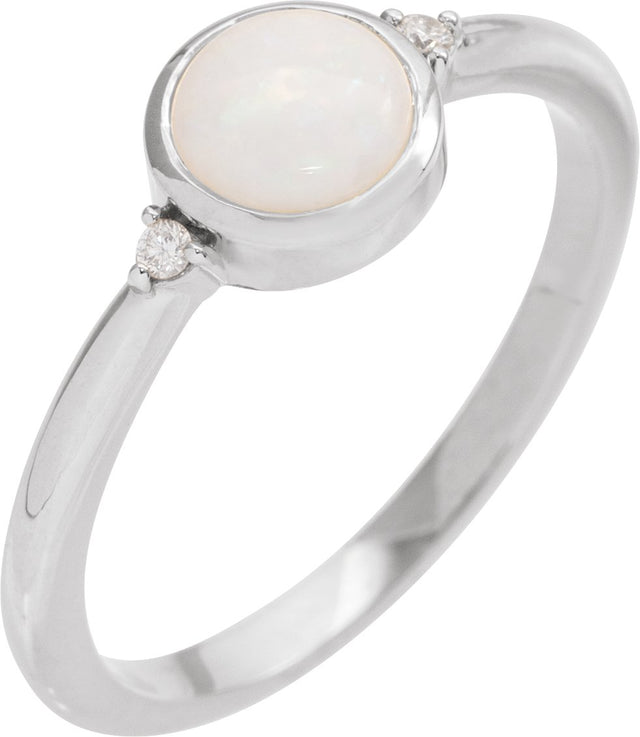 14K Gold Natural White Opal Bezel-Set Cabochon Ring – .03 CTW - White Gold