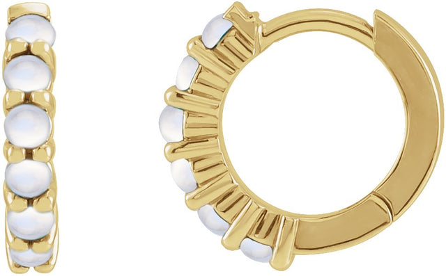 14K Gold Round Natural Rainbow Moonstone Cabochon Hinged Hoop Earrings - Yellow Gold