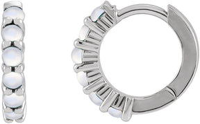 Platinum Round Natural Rainbow Moonstone Cabochon Hinged Hoop Earrings