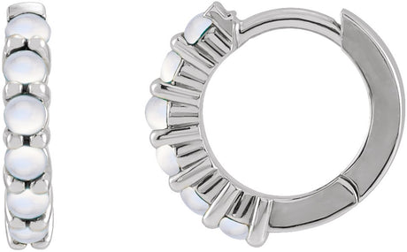 Platinum Round Natural Rainbow Moonstone Cabochon Hinged Hoop Earrings