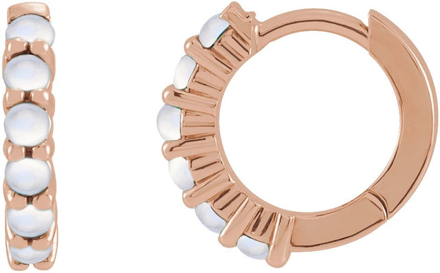 14K Gold Round Natural Rainbow Moonstone Cabochon Hinged Hoop Earrings - Rose Gold