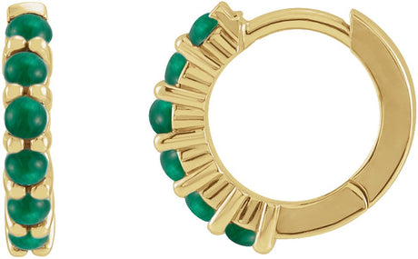 14K Gold Round Natural Emerald Cabochon Hinged Hoop Earrings - Yellow Gold