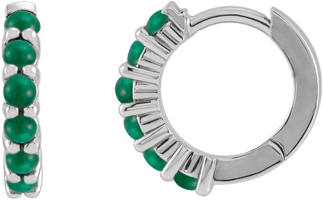 14K Gold Round Natural Emerald Cabochon Hinged Hoop Earrings - White Gold