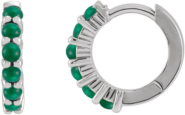 14K Gold Round Natural Emerald Cabochon Hinged Hoop Earrings - White Gold