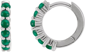 Platinum Round Natural Emerald Cabochon Hinged Hoop Earrings