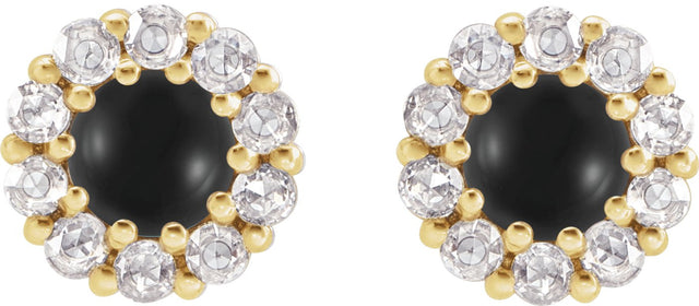 14K Gold Round Natural Black Onyx Rose-Cut Halo-Style Earrings - Yellow Gold - view 2