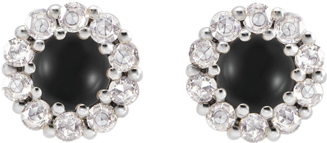 14K Gold Round Natural Black Onyx Rose-Cut Halo-Style Earrings - White Gold - view 2