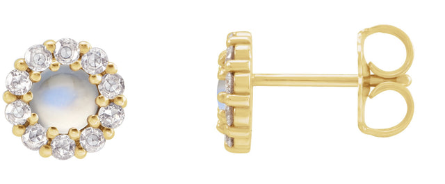 14K Gold Round Natural Rainbow Moonstone Rose-Cut Halo-Style Earrings - Yellow Gold