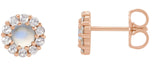 14K Gold Round Natural Rainbow Moonstone Rose-Cut Halo-Style Earrings - Rose Gold