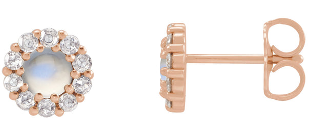 14K Gold Round Natural Rainbow Moonstone Rose-Cut Halo-Style Earrings - Rose Gold