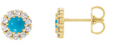 14K Gold Round Natural Turquoise Rose-Cut Halo-Style Earrings - Yellow Gold