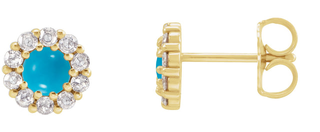 14K Gold Round Natural Turquoise Rose-Cut Halo-Style Earrings - Yellow Gold