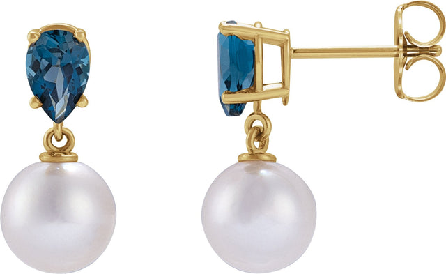 14K Gold Cultured White Akoya Pearl & Natural London Blue Topaz Pearl Earrings - Yellow Gold