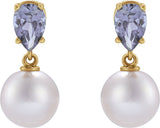 14K Gold Cultured White Akoya Pearl & Natural Tanzanite Pearl Earrings - Yellow Gold - view 2