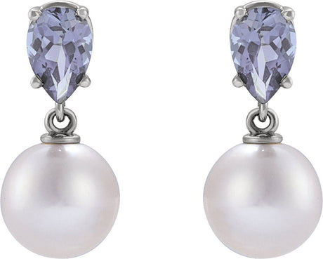 Platinum Cultured White Akoya Pearl & Natural Tanzanite Pearl Earrings - view 2
