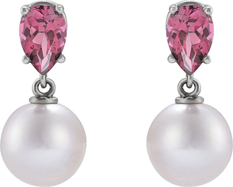 Platinum Cultured White Akoya Pearl & Natural Pink Tourmaline Pearl Earrings - view 2