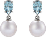 Platinum Cultured White Akoya Pearl & Natural Aquamarine Pearl Earrings - view 2