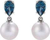 Platinum Cultured White Akoya Pearl & Natural London Blue Topaz Pearl Earrings - view 2