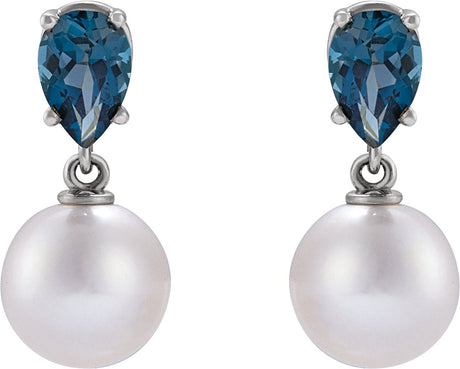 Platinum Cultured White Akoya Pearl & Natural London Blue Topaz Pearl Earrings - view 2
