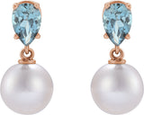 14K Gold Cultured White Akoya Pearl & Natural Aquamarine Pearl Earrings - Rose Gold - view 2
