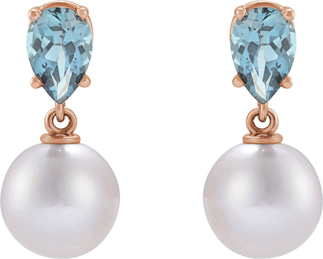 14K Gold Cultured White Akoya Pearl & Natural Aquamarine Pearl Earrings - Rose Gold - view 2