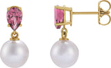 14K Gold Cultured White Akoya Pearl & Natural Pink Tourmaline Pearl Earrings - Yellow Gold