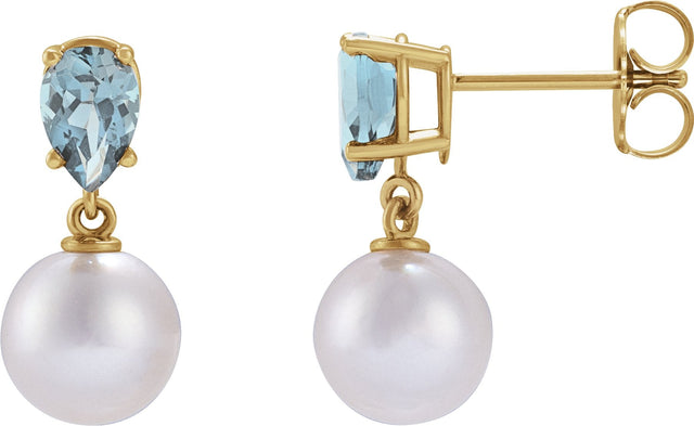 14K Gold Cultured White Akoya Pearl & Natural Aquamarine Pearl Earrings - Yellow Gold