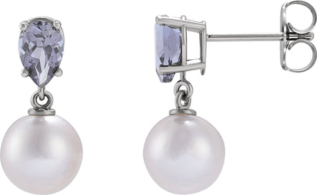 14K Gold Cultured White Akoya Pearl & Natural Tanzanite Pearl Earrings - White Gold