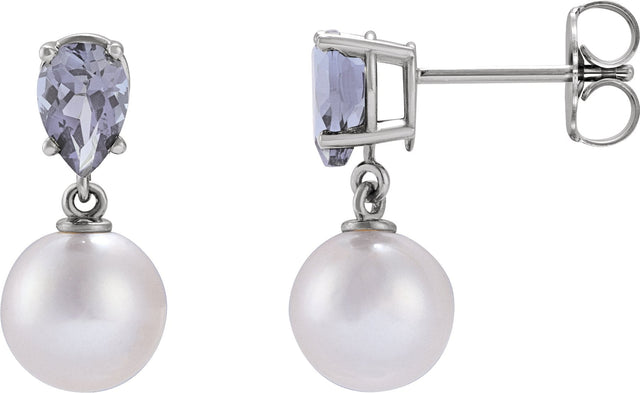 14K Gold Cultured White Akoya Pearl & Natural Tanzanite Pearl Earrings - White Gold