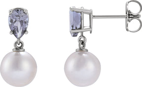 Platinum Cultured White Akoya Pearl & Natural Tanzanite Pearl Earrings