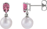 Platinum Cultured White Akoya Pearl & Natural Pink Tourmaline Pearl Earrings