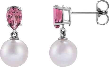 14K Gold Cultured White Akoya Pearl & Natural Pink Tourmaline Pearl Earrings - White Gold